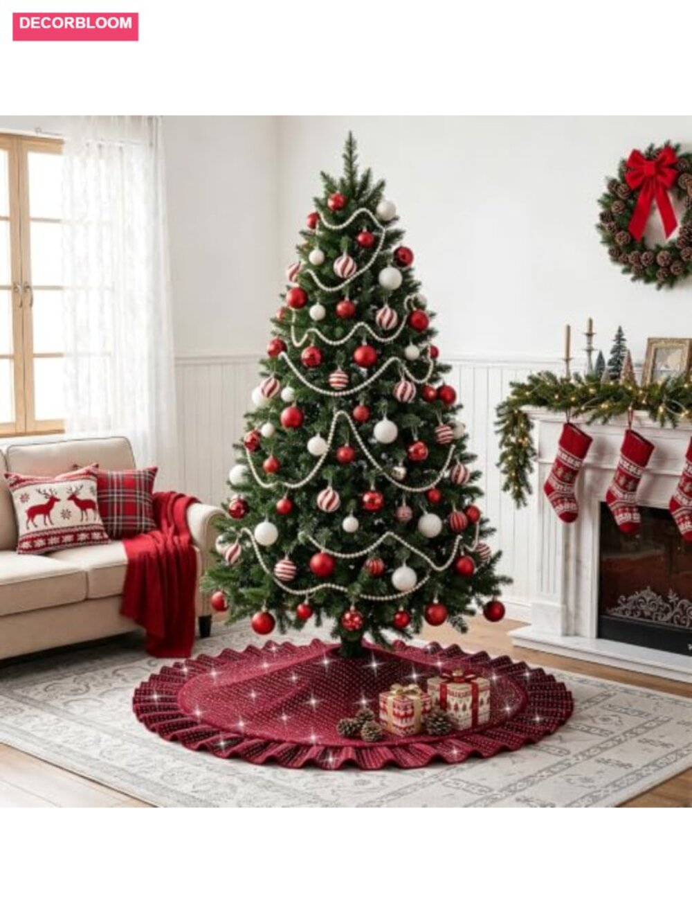 Velvet Christmas Tree Skirt 60 Inch Ruffled Glitter Rhinestone - Picture 4 of 6